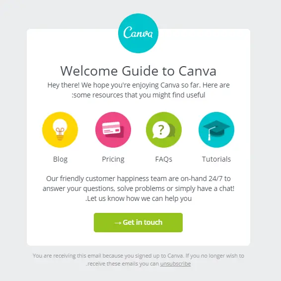 אימייל ברוכים הבאים של Canva. דרך מעולה לקבל לקוחות חדשים עם חיוך.